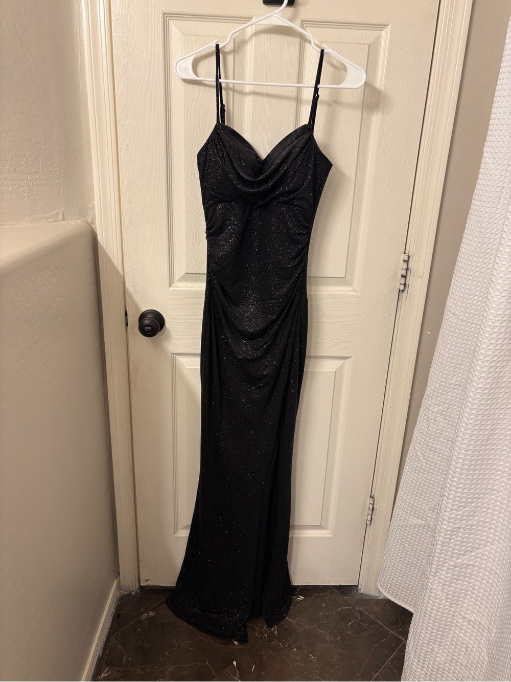 Windsor Black Sparkle Cowl Neck Spaghetti Strap Gown